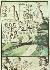 Cortes entering the Valley of Mexico between the volcanoes of Popocatepetl and Ixtaccihuatl by Mexican School